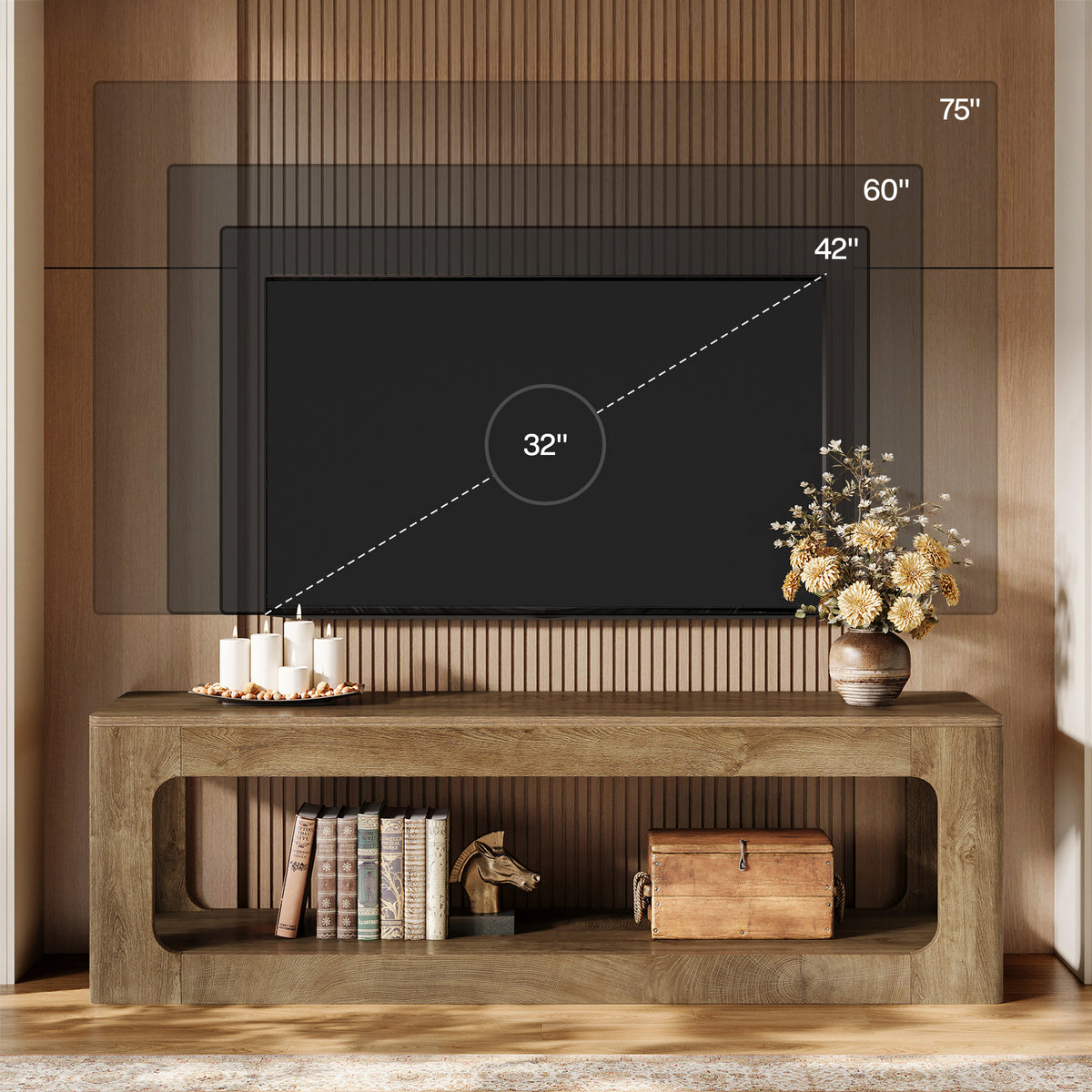Mobile TV Country a 2 Ripiani con Decori Circolari Traforati, 160 cm, per Soggiorno