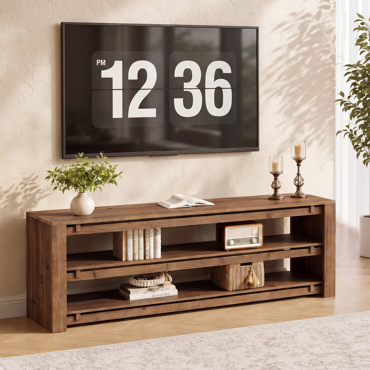 Mobile TV Rustico in Legno Massello a 3 Ripiani Aperti, 160 cm, per TV fino a 75"