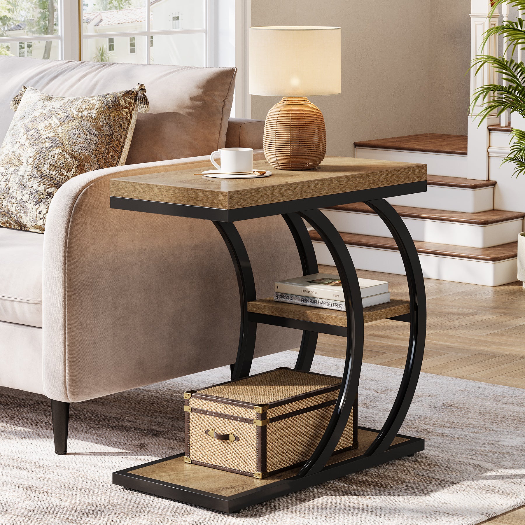 Tribesigns 60 cm Tavolino a 3 ripiani, tavolino laterale a forma di C