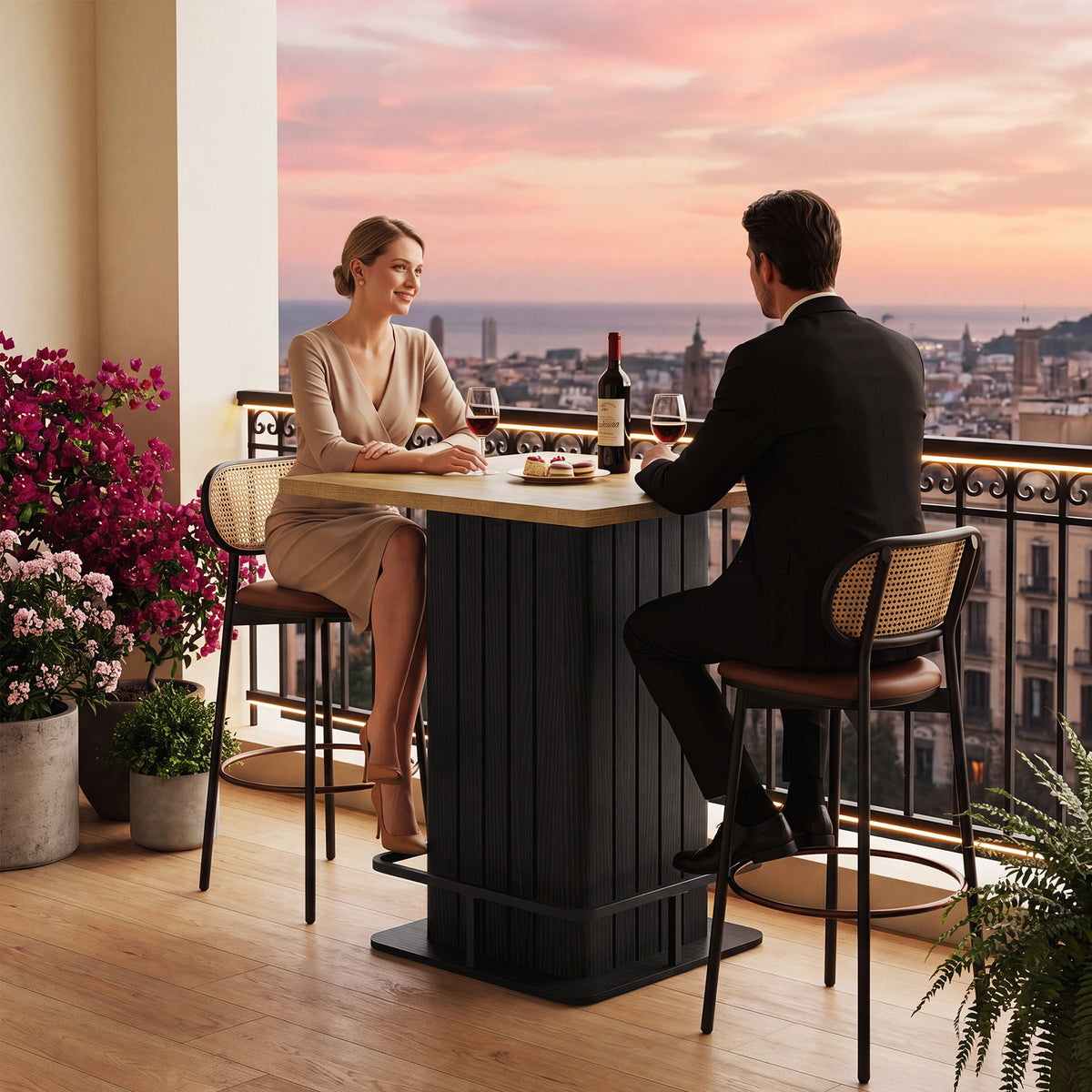 Tavolo Alto Quadrato Industriale Country con Poggiapiedi, per Cucina e Bar