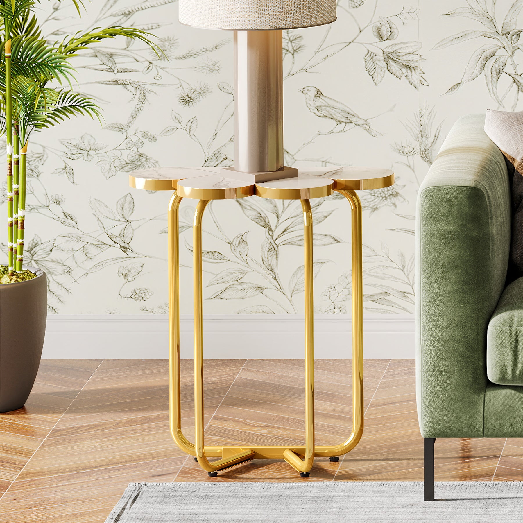 Tribesigns Tavolino laterale in stile Half Flower, comodino in effetto marmo con cornice dorata