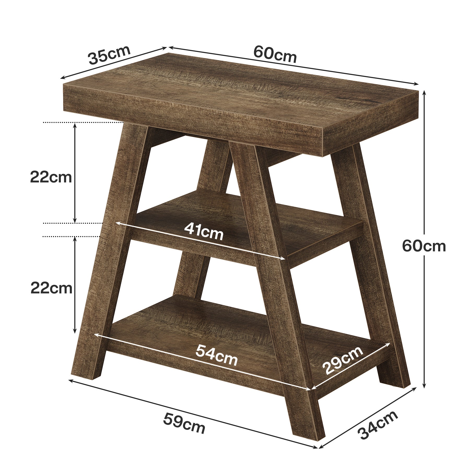 Tribesigns Tavolino Rustico in Legno a 3 Ripiani con Gambe Trapezoidali, 60 x 35 x 60 cm, per Soggiorno