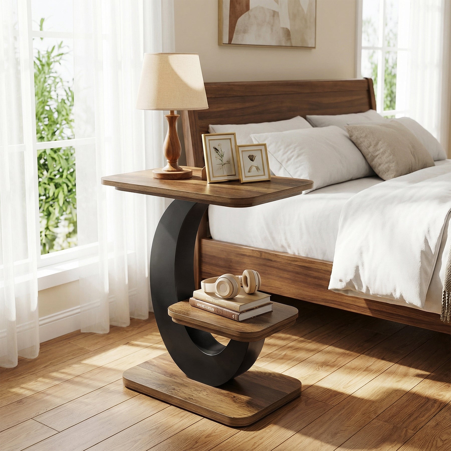 Tribesigns Tavolino laterale a 2 ripiani, tavolino stretto da divano/comodino con struttura ad arco