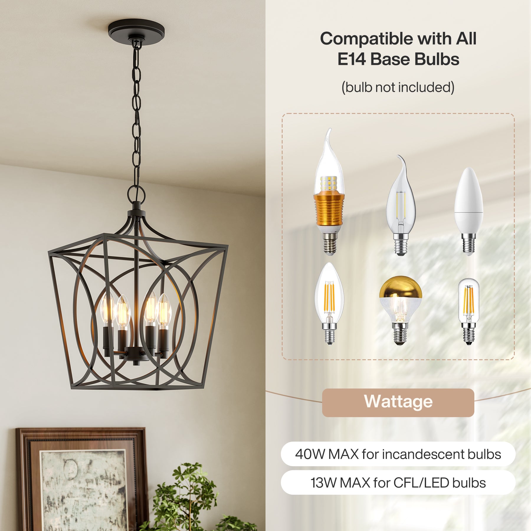 Tribesigns Lampadario industriale, lampada a sospensione geometrica con 4 lampadine E14, altezza regolabile