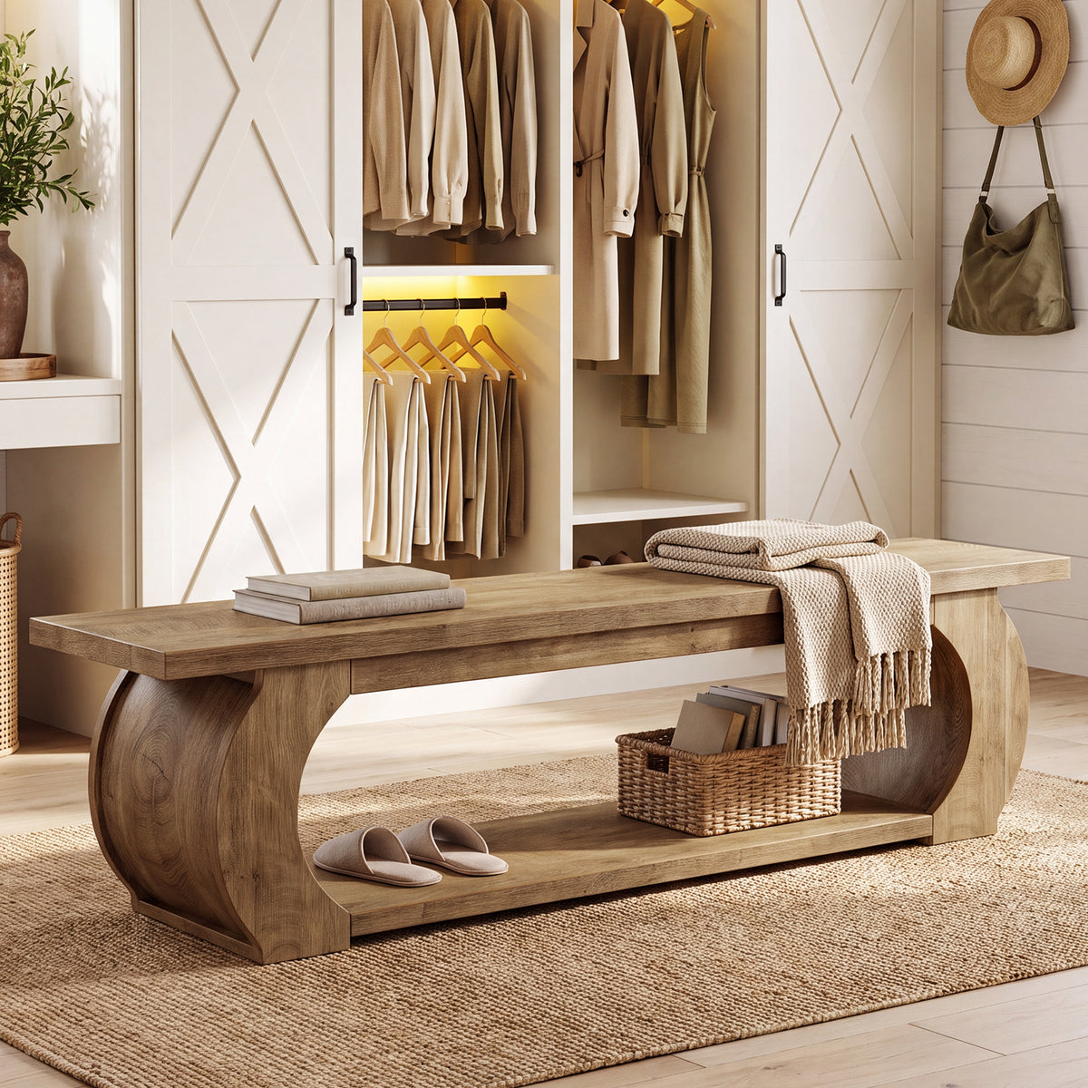 Panca Country con Ripiano Aperto e Struttura in Legno Curvata, 160 cm, per Camera da Letto