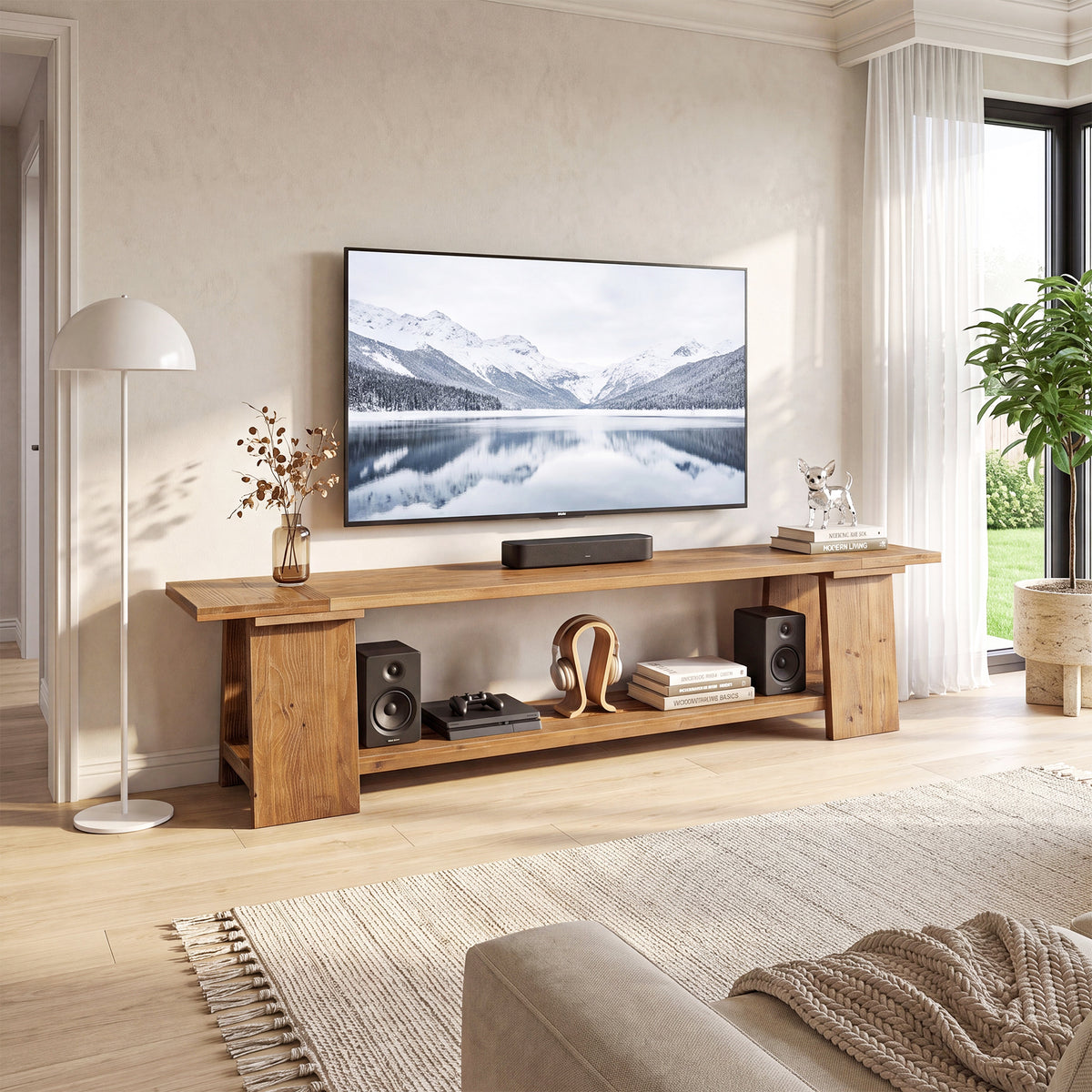 Tribesigns Mobile TV Rustico in Legno Massello a 2 Ripiani, 210 cm, per TV fino a 90"