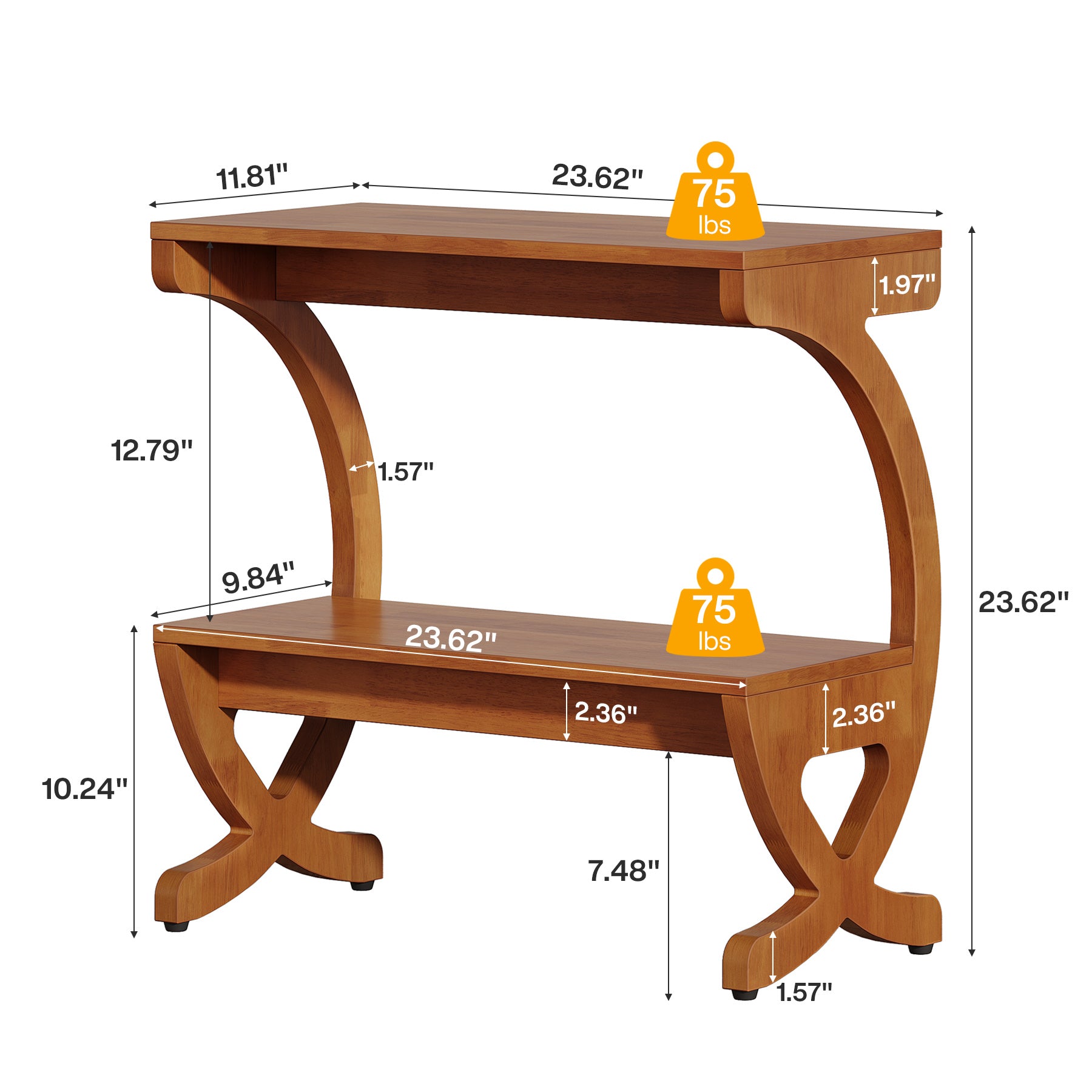 Tavolino Laterale Mid-Century in Legno Massello a 2 Ripiani, per Soggiorno e Camera da Letto