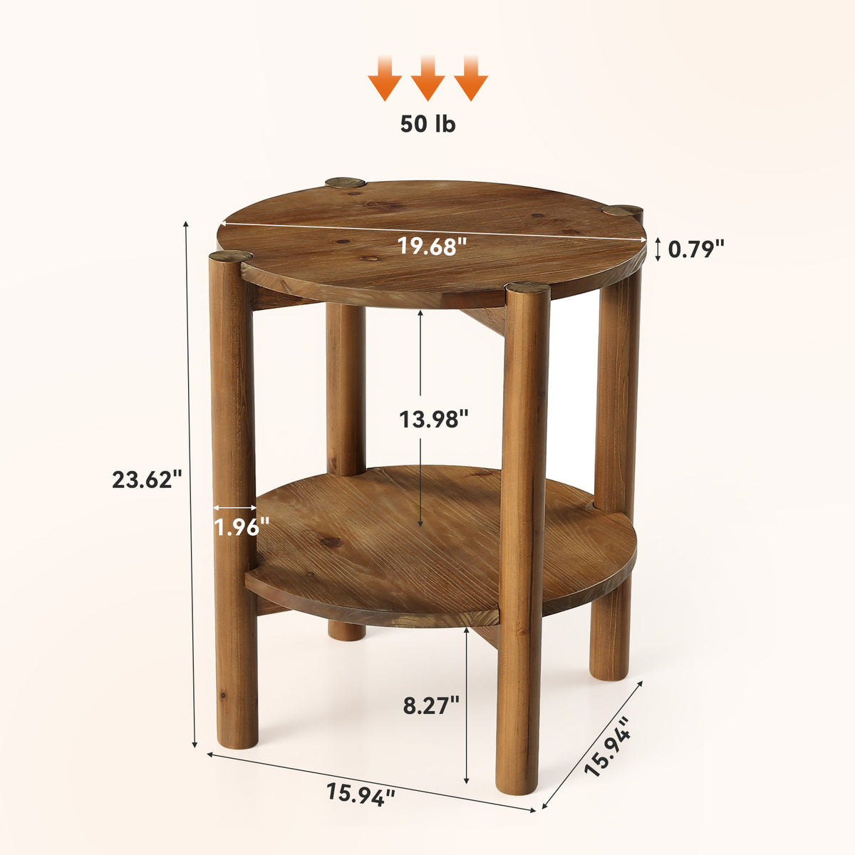Tavolino Laterale Rotondo Country in Legno Massello con Ripiano, Ø 50 cm, per Camera da Letto