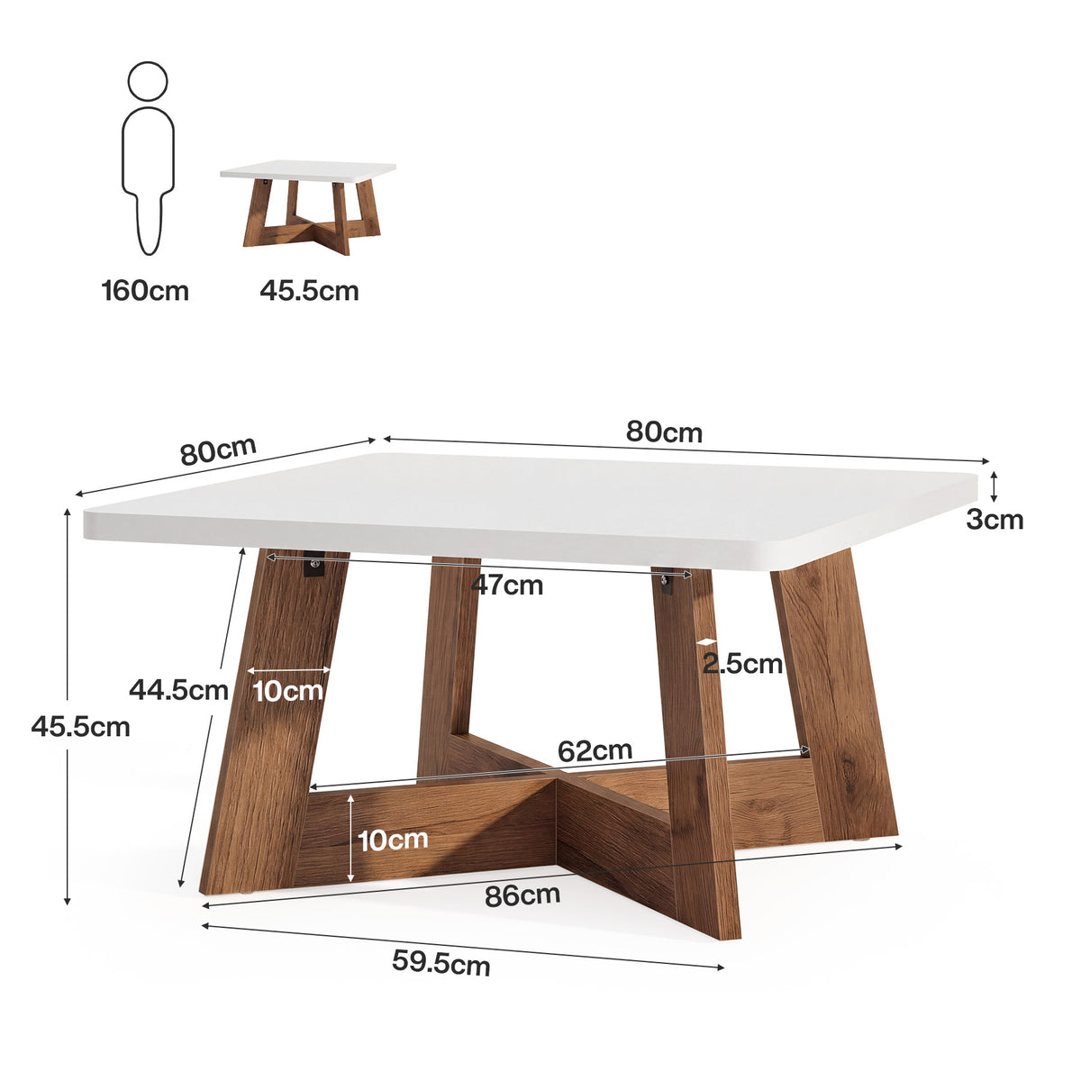 Tavolino da Salotto Quadrato Moderno Bianco con Base a Croce, 80 x 80 cm, per Soggiorno