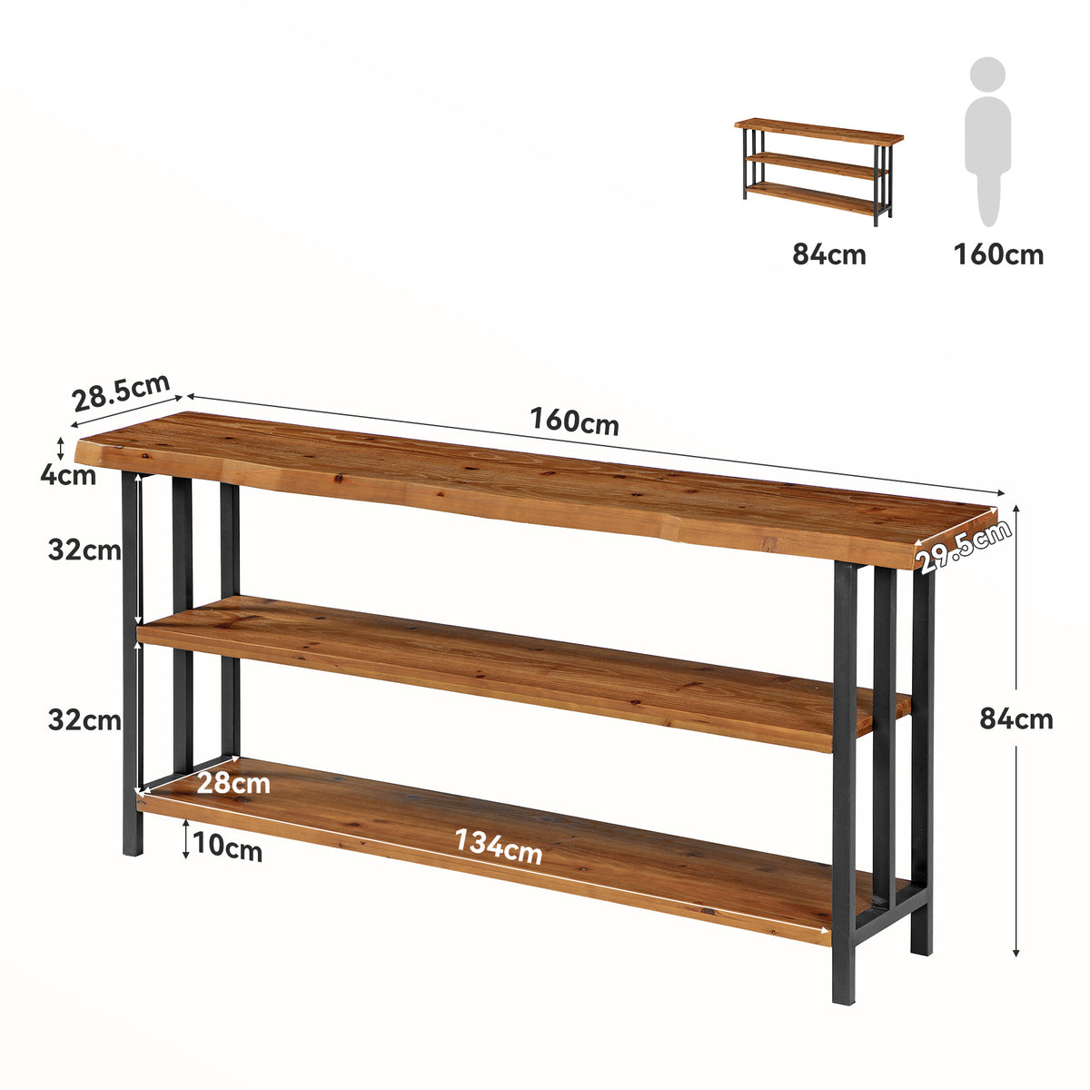 Consolle Rustica in Legno Massello con Bordo Vivo e 3 Ripiani, 160 cm, per Ingresso e Soggiorno