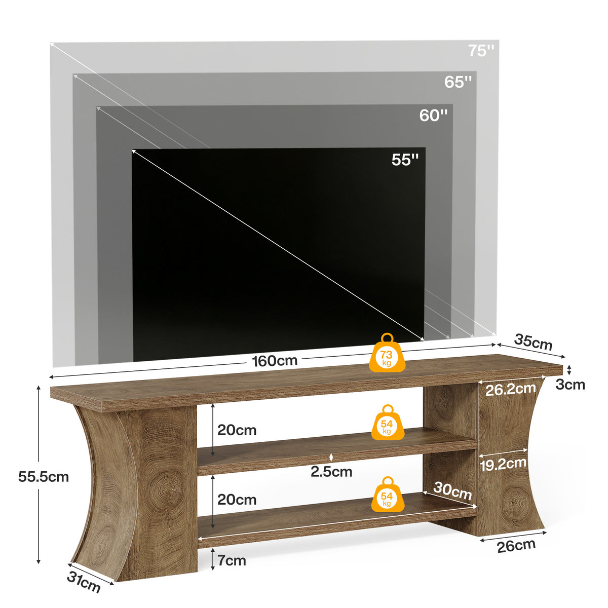 Mobile TV a 3 Ripiani con Gambe Curve, 160 cm, per TV fino a 75"