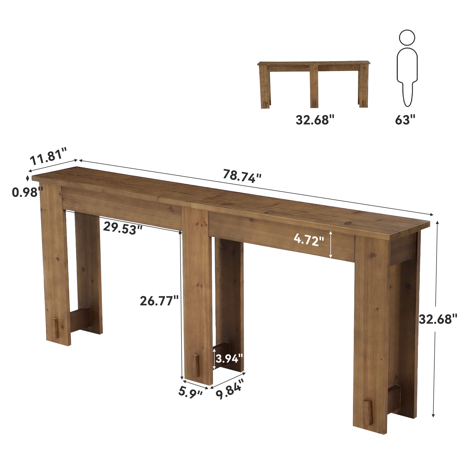 Consolle in Legno Massello di Pino a 6 Gambe, 200 cm, per Ingresso e Soggiorno