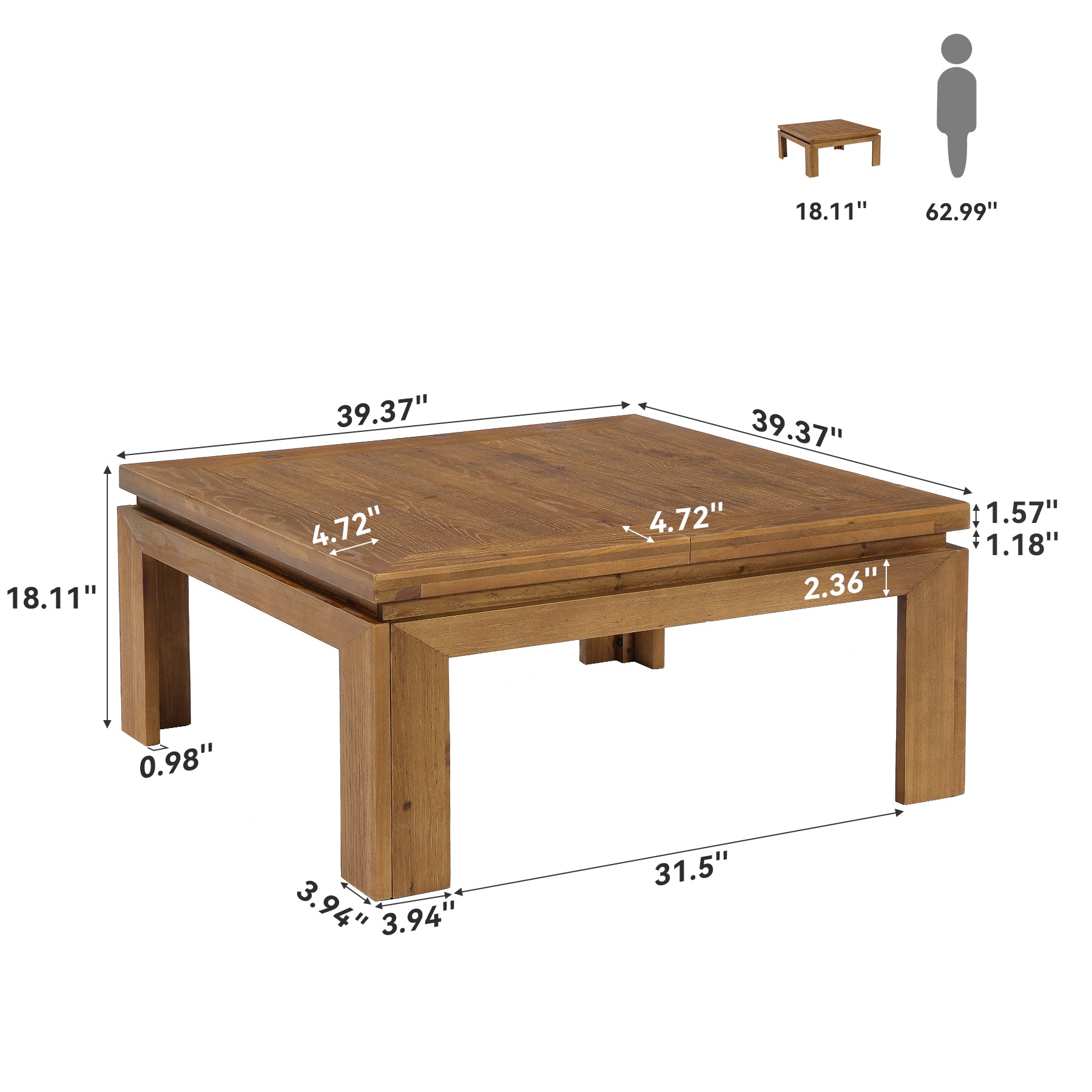 Tribesigns Tavolino da caffè quadrato da 100 cm in legno massello con bordo incassato, stile rustico, ideale per il soggiorno