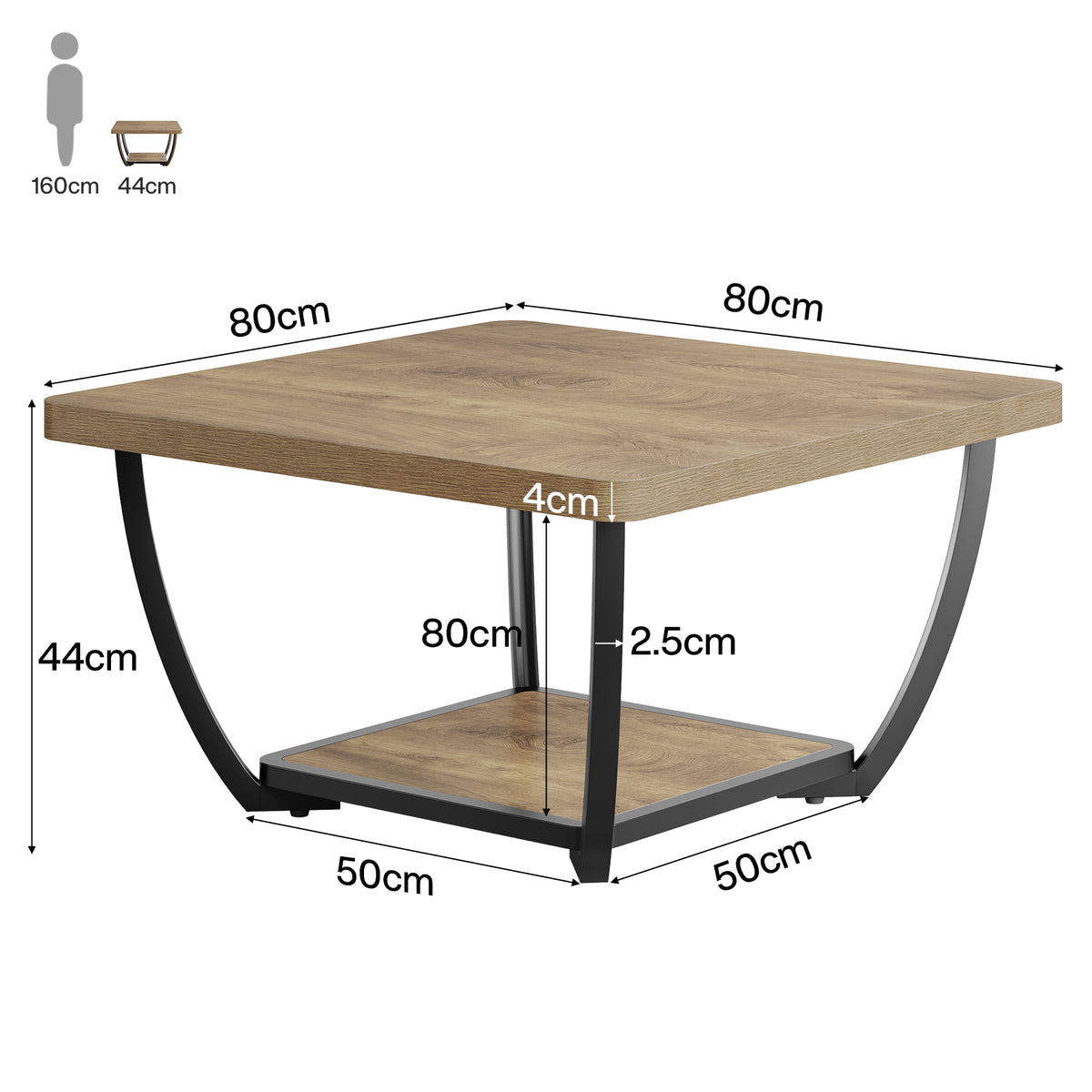 Tavolino da Salotto Quadrato a 2 Ripiani con Struttura ad Arco in Metallo, 80 x 80 cm, per Soggiorno