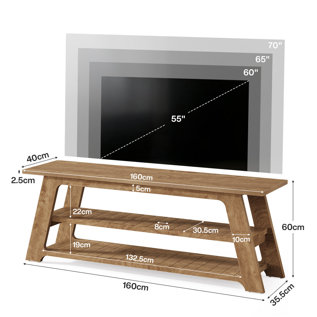 Mobile TV Basso a 3 Ripiani, 160 cm, per TV fino a 75"