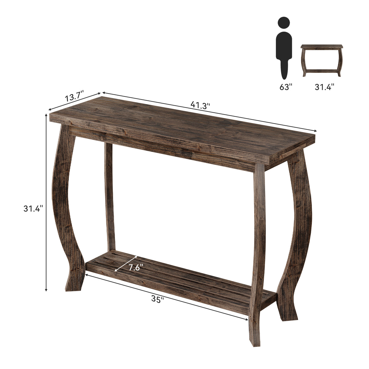 Consolle Country in Legno Massello con Gambe Curve e Ripiano, 105 cm, per Ingresso