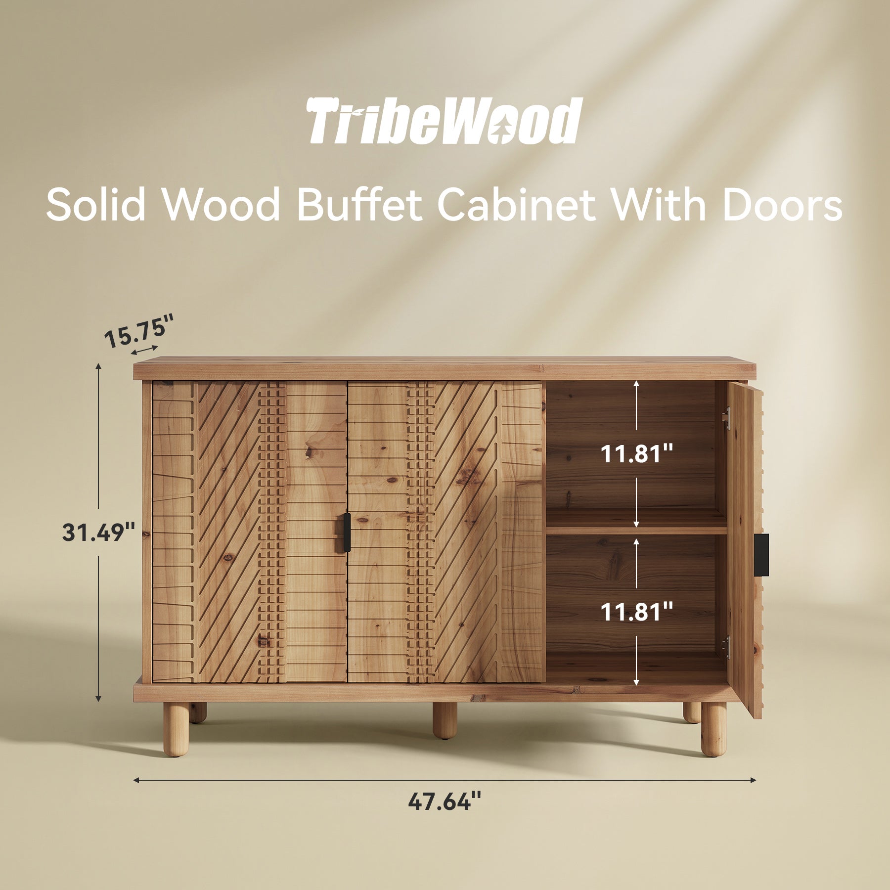 Tribesigns Credenza in legno massello con vano contenitore, Mobile in stile rustico con 3 ante e 2 ripiani regolabili