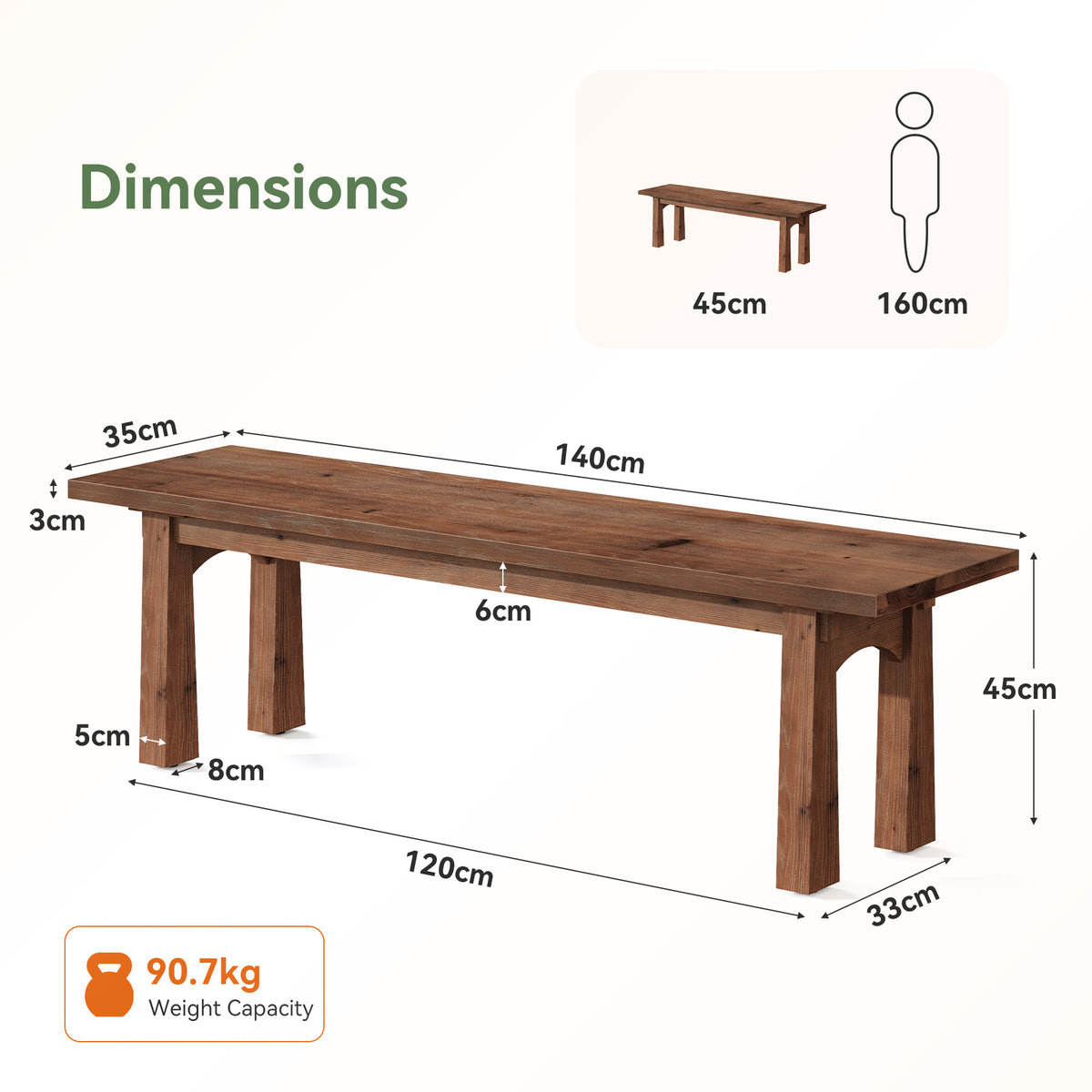 Panca Rustica Country in Legno Massello, 140 cm, per Ingresso