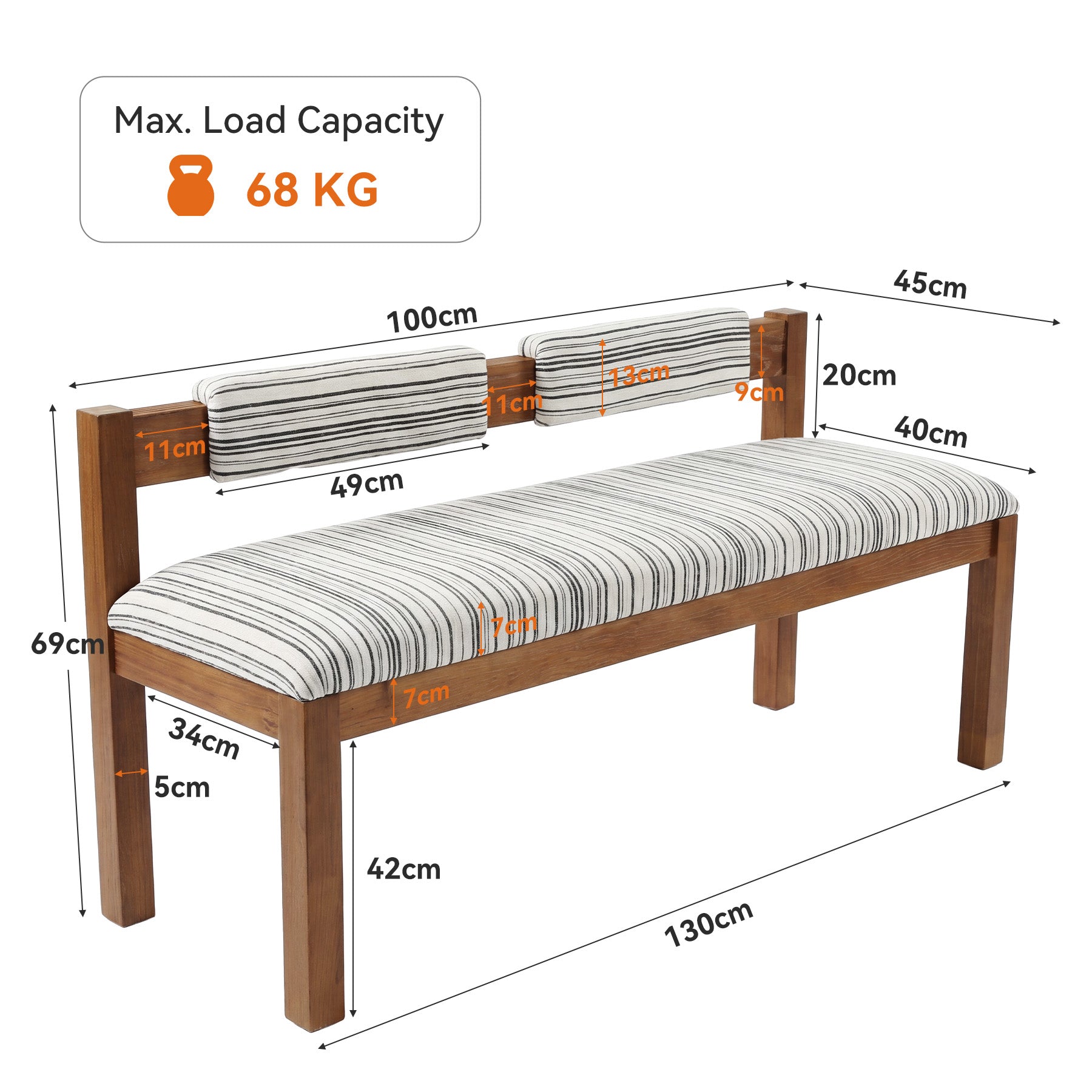 Panca Imbottita con Schienale in Legno Massello e Rivestimento in Ciniglia, 140 cm, per 2-3 Persone