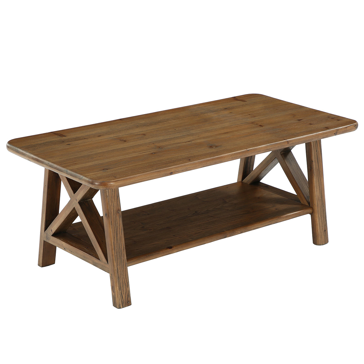 Tavolino da Salotto Rettangolare Country in Legno Massello con Ripiano, 120 cm, per Soggiorno