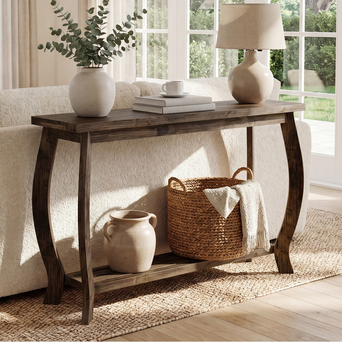 Consolle Country in Legno Massello con Gambe Curve e Ripiano, 105 cm, per Ingresso