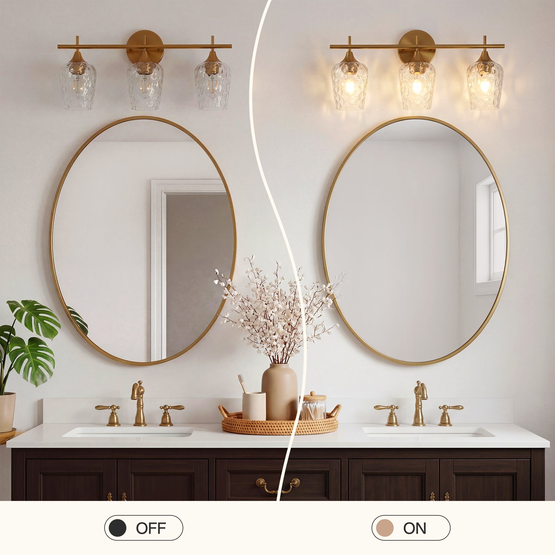 Tribesigns Applique da bagno a 3 luci, lampada da parete moderna con paralumi in vetro ondulato, attacco E27, luci per specchio da bagno, lampadine non incluse