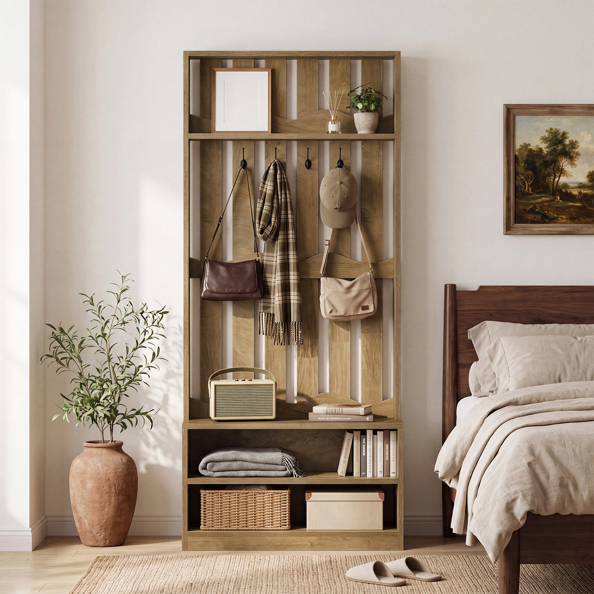 Albero della Sala Country con Panca e 4 Ganci Appendiabiti, H 182 cm