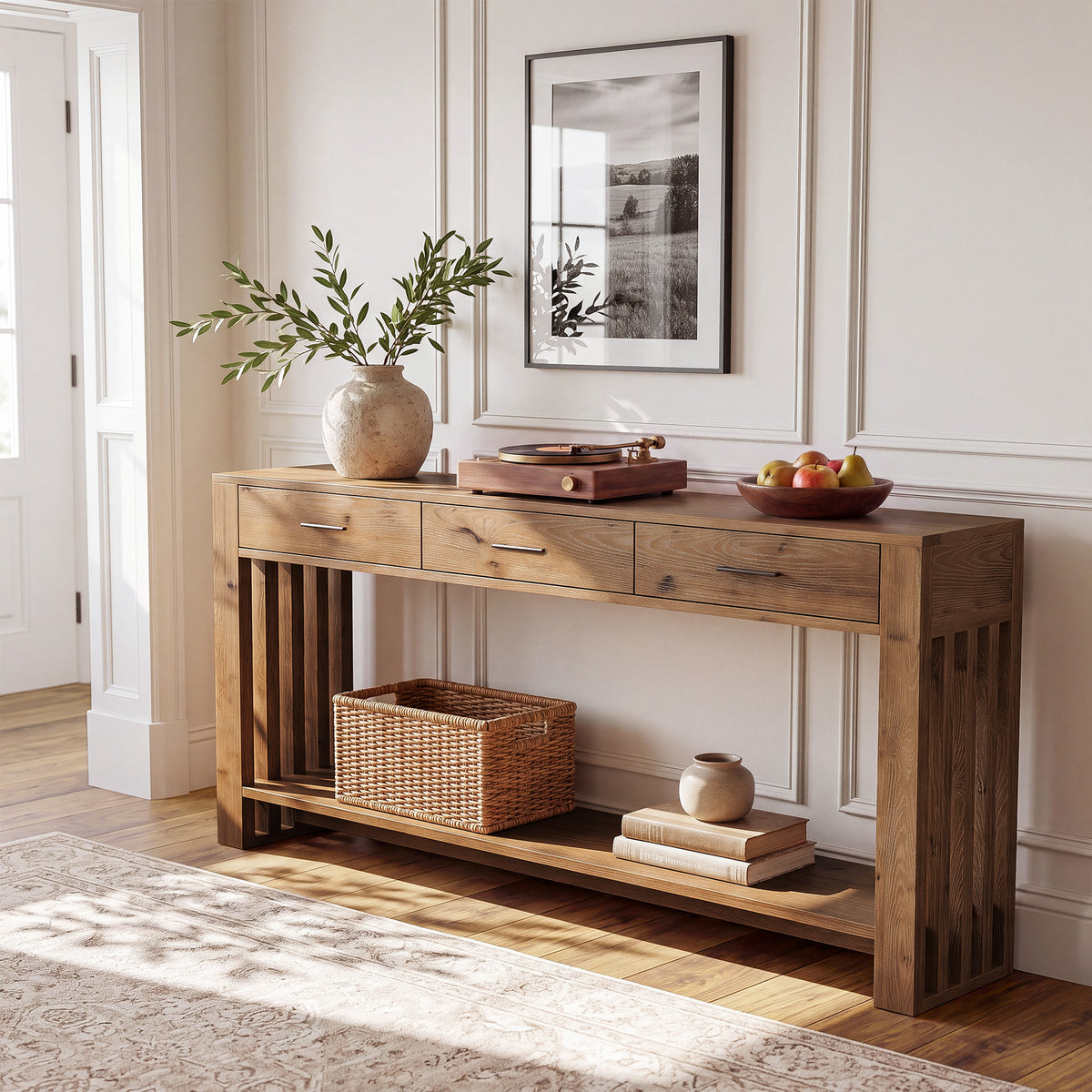 Consolle Stretta Country in Legno Massello con 3 Cassetti e 2 Ripiani, 160 cm