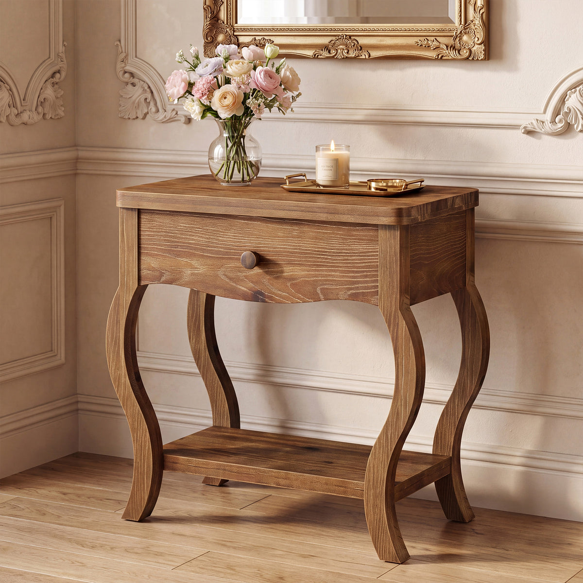 Tavolino Laterale Alto Rustico in Legno Massello con Cassetto, 60 cm, per Soggiorno