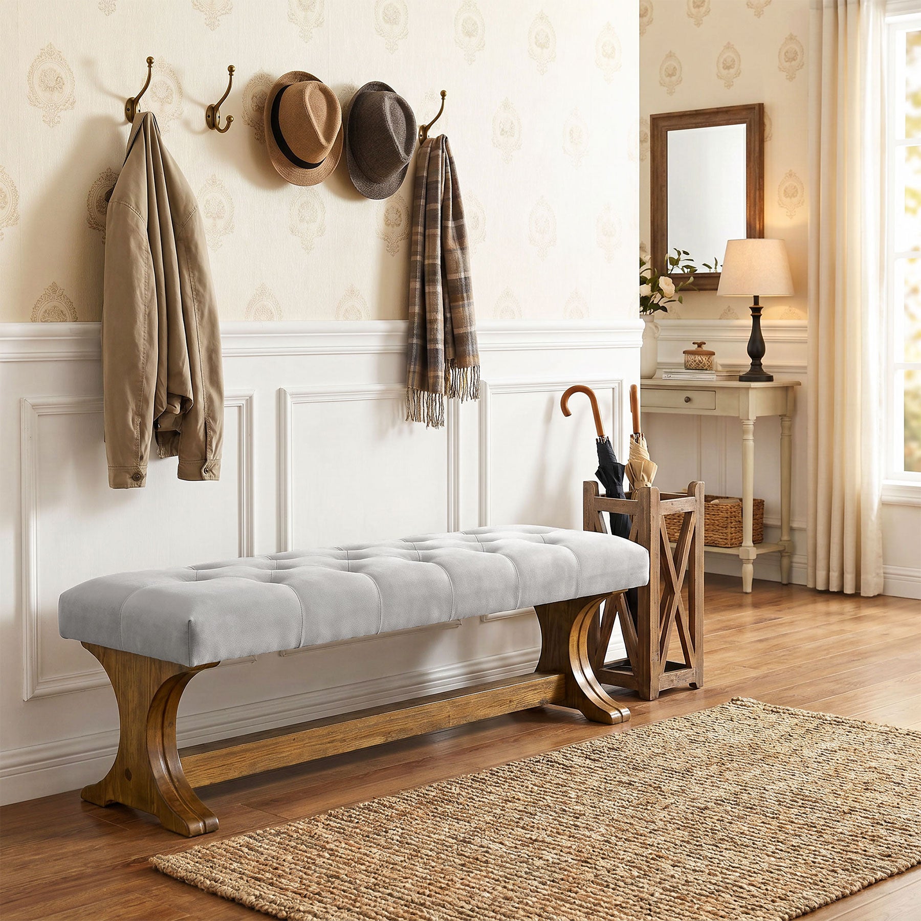 Tribesigns Panca imbottita, 140 cm, in legno massello, stile country, ideale per un ingresso