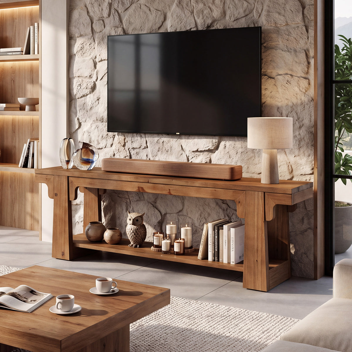 Mobile TV Country in Legno Massello con Gambe Curve ad A, 160 cm, per Soggiorno