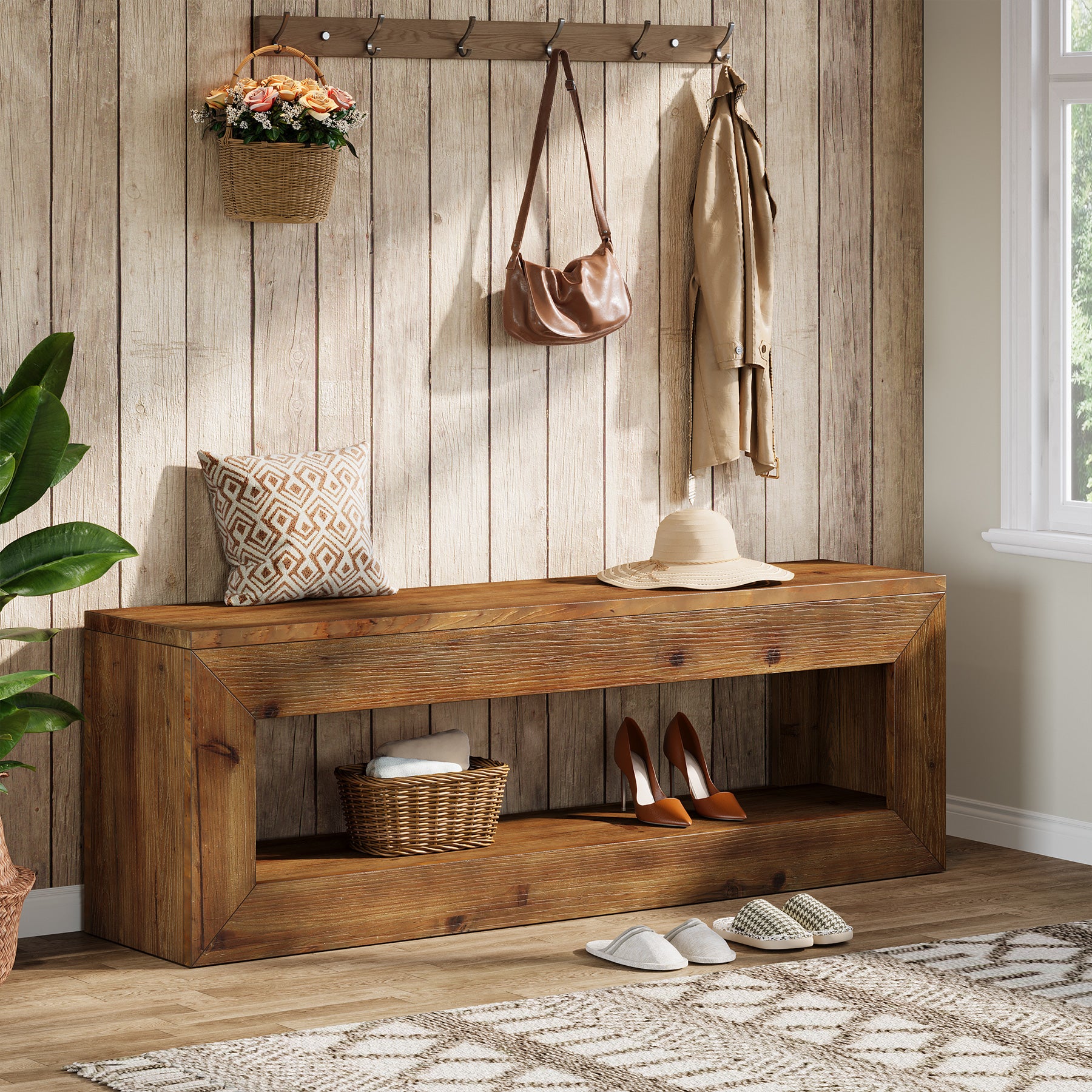 Tribesigns Panca d'ingresso in legno massello da 120 cm con ripiano contenitore, stile rustico