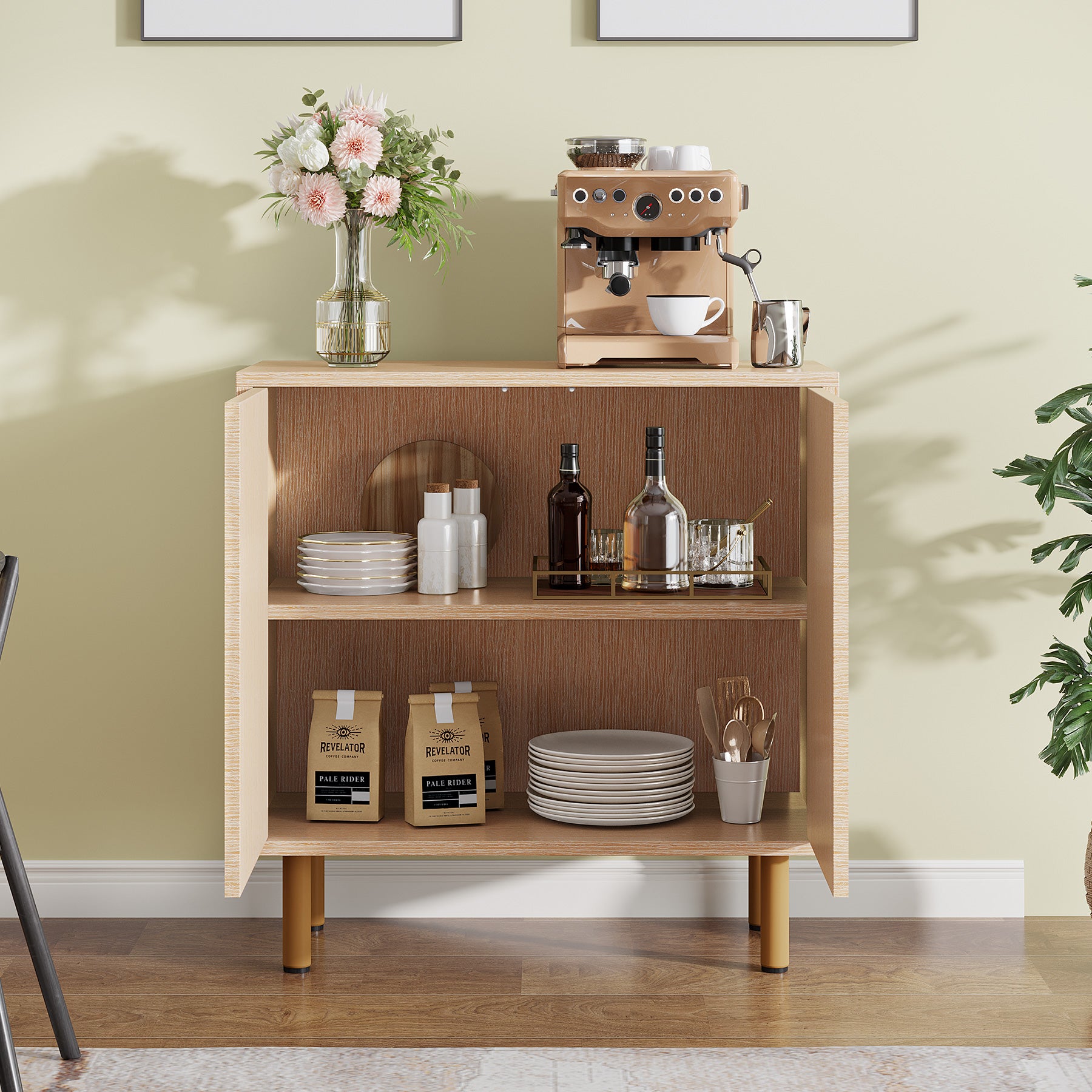Tribesigns Credenza in legno, mobiletto portaoggetti da cucina con ante e piano in legno