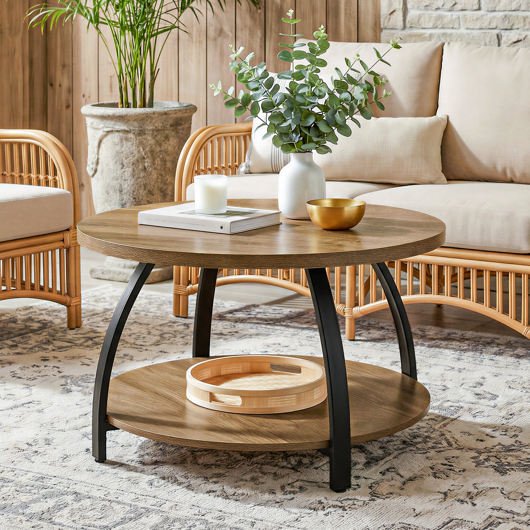 Tribesigns Tavolino rotondo da 80 cm, tavolino centrale con 2 ripiani portaoggetti