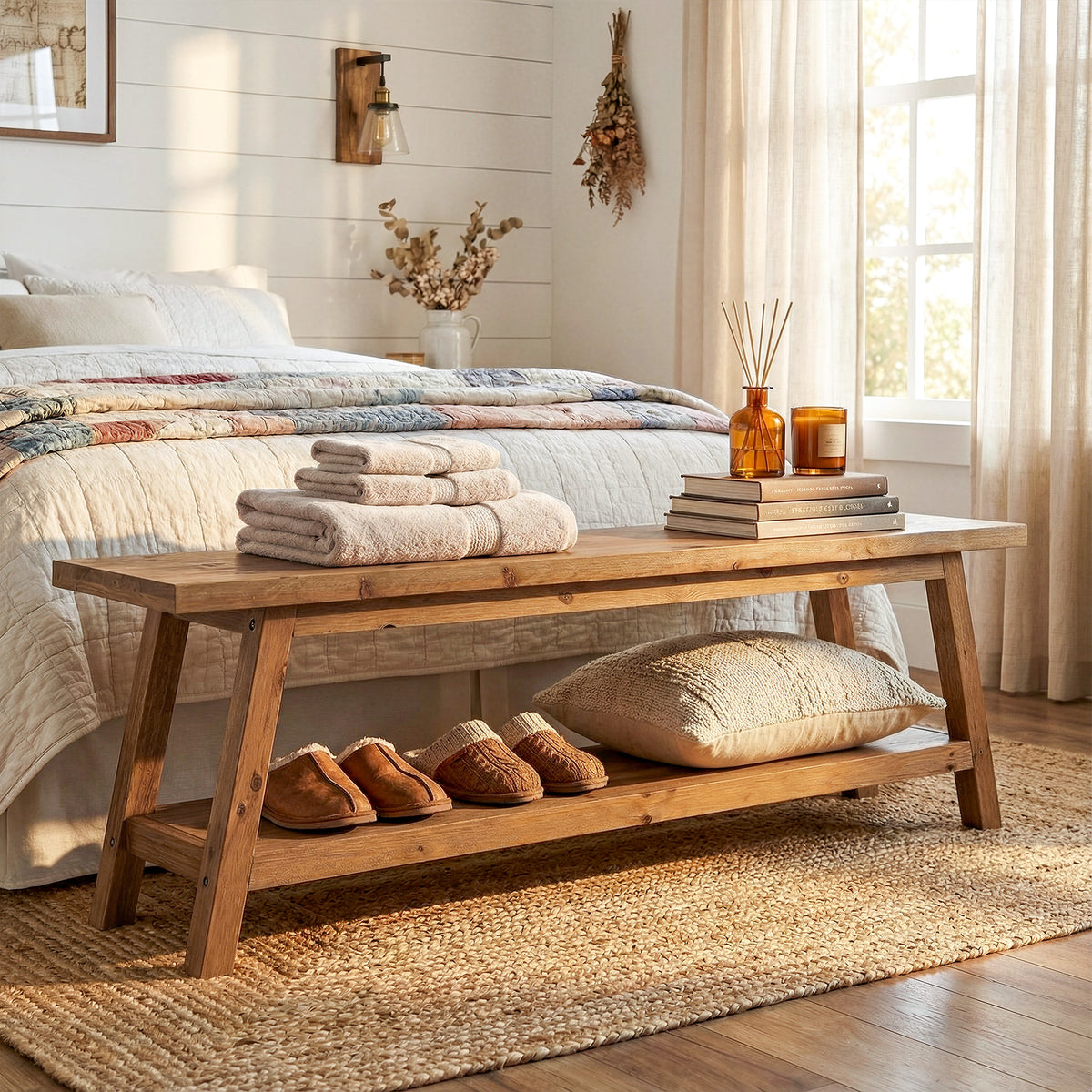 Panca da Pranzo Country in Legno Massello con Ripiano, 160 cm, per Cucina e Sala da Pranzo