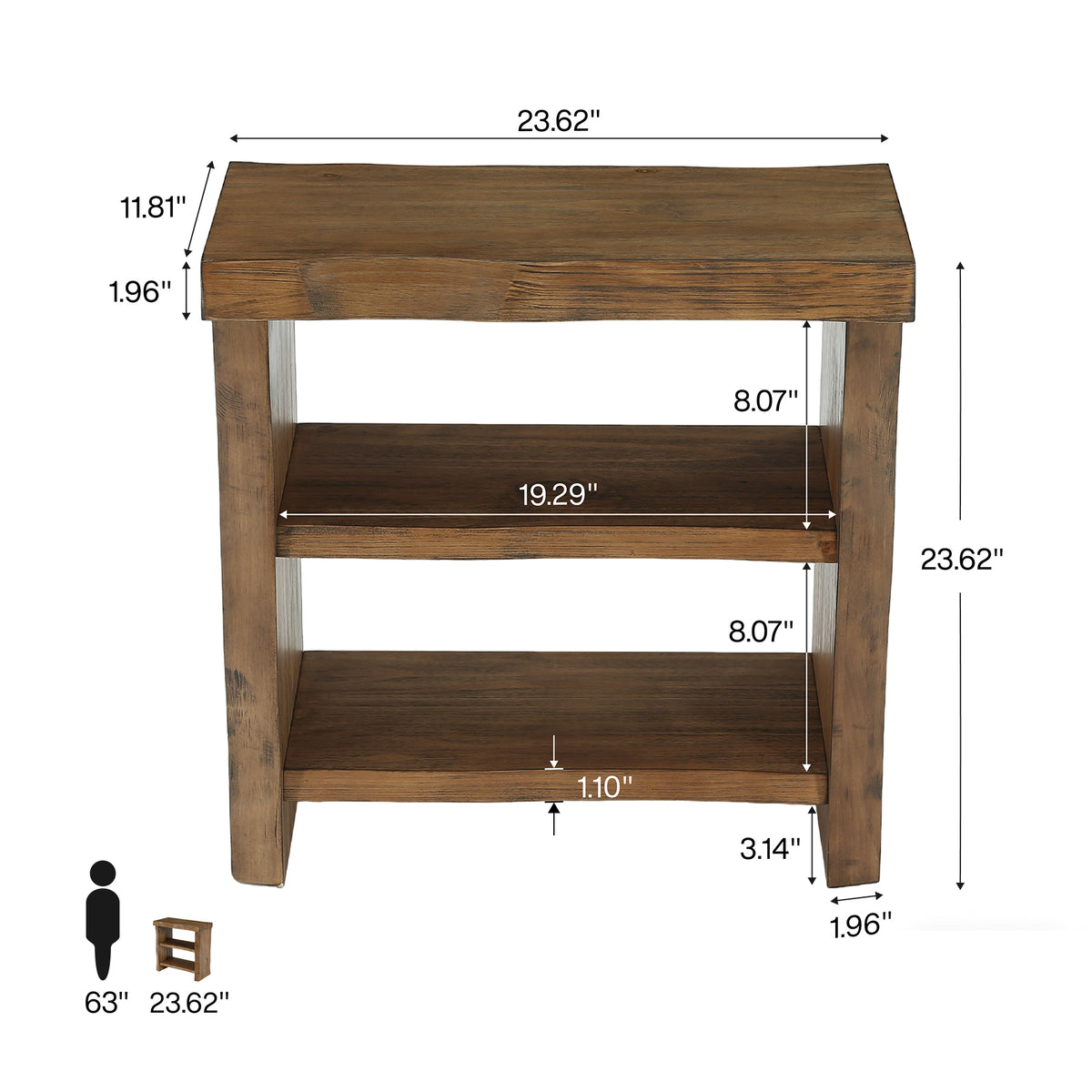 Tavolino Laterale Stretto in Legno Massello a 3 Ripiani con Bordo Vivo, 60 cm, per Soggiorno