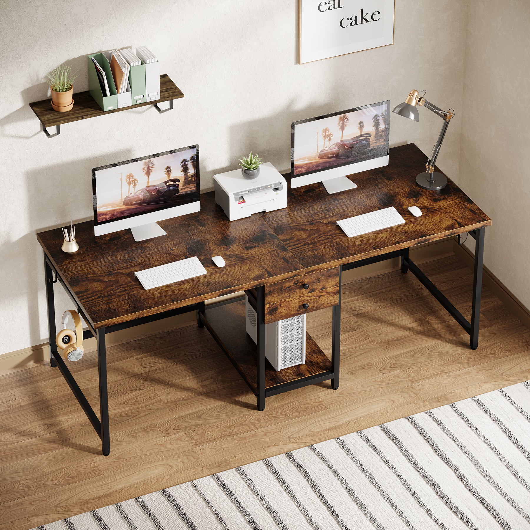Tribesigns Scrivania doppia da 200 cm con 2 cassetti e ripiani, scrivania industriale per ufficio e studio