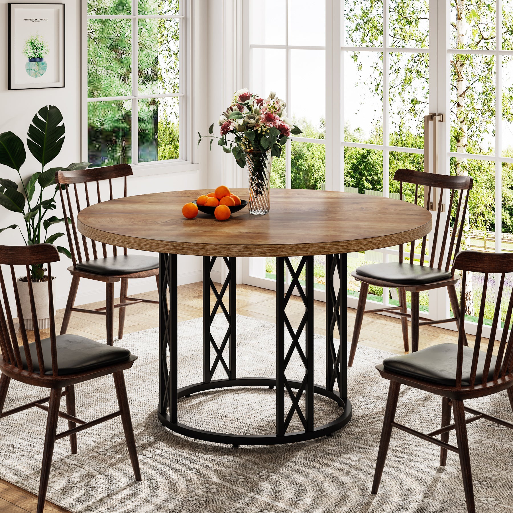 Tavolo da Pranzo Rotondo Moderno con Struttura in Metallo, Ø 120 cm, per 4-6 Persone