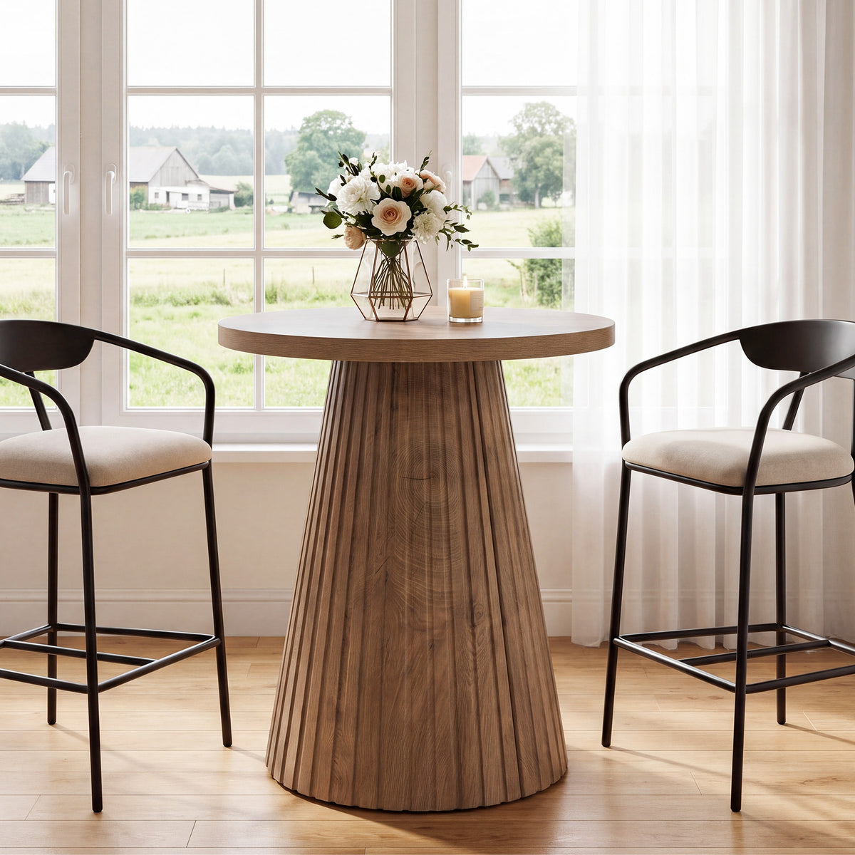 Tavolo Bistrot Rotondo Country con Base a Botte Scanalata, Ø 89 cm
