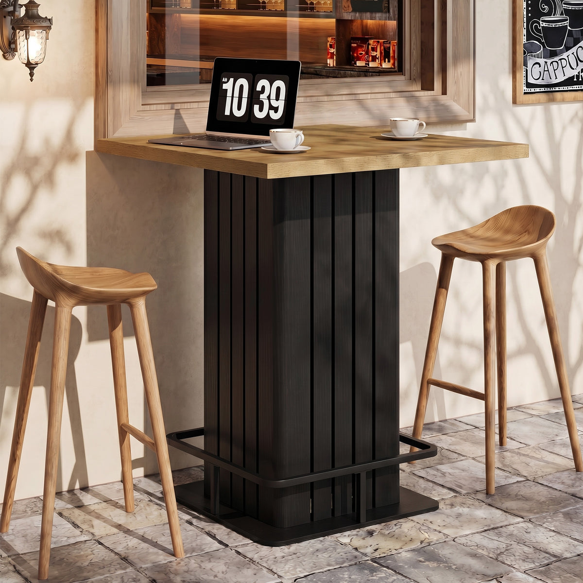 Tavolo Alto Quadrato Industriale Country con Poggiapiedi, per Cucina e Bar