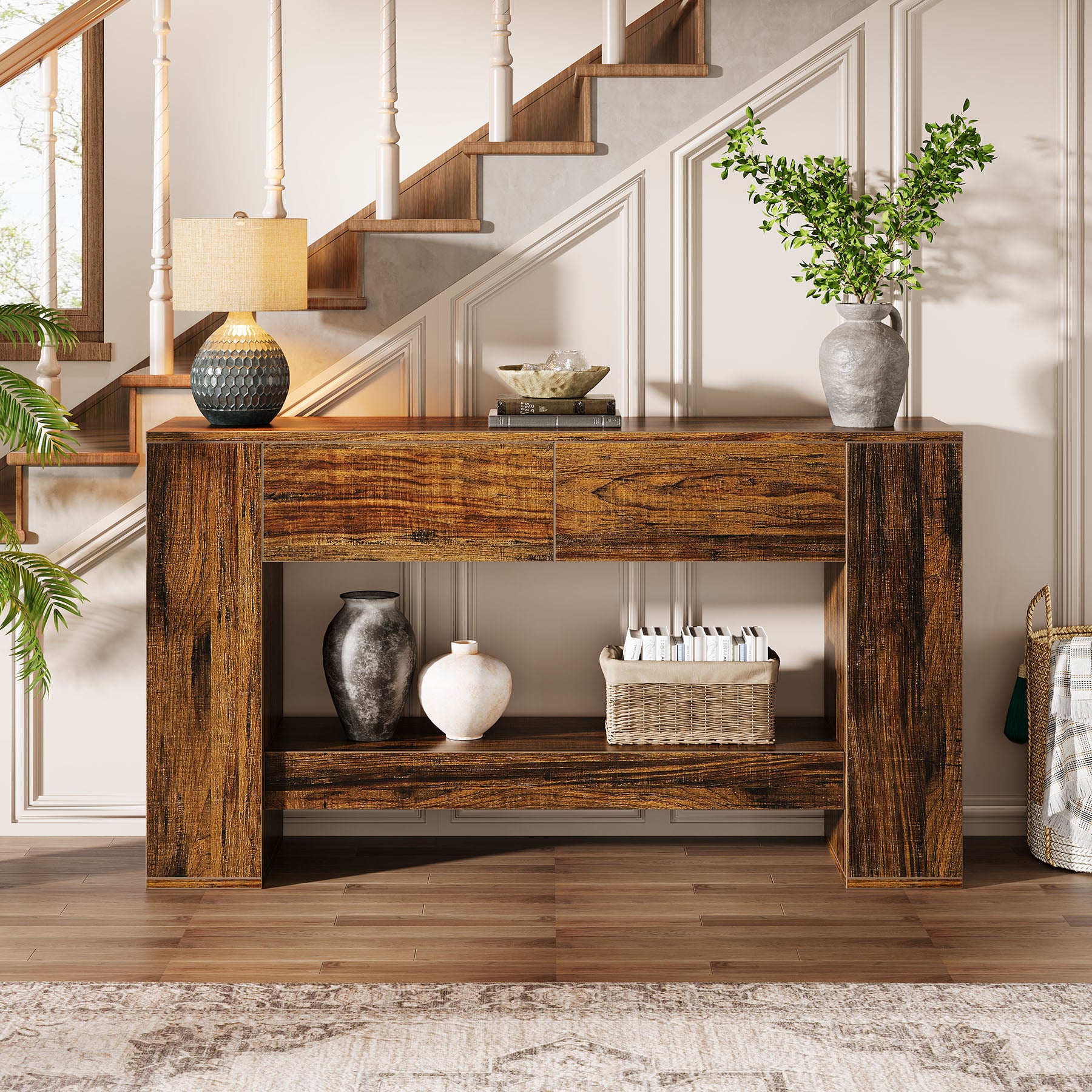 Tribesigns Tavolo consolle da 140 cm, tavolo da ingresso in legno a 2 livelli con cassetti