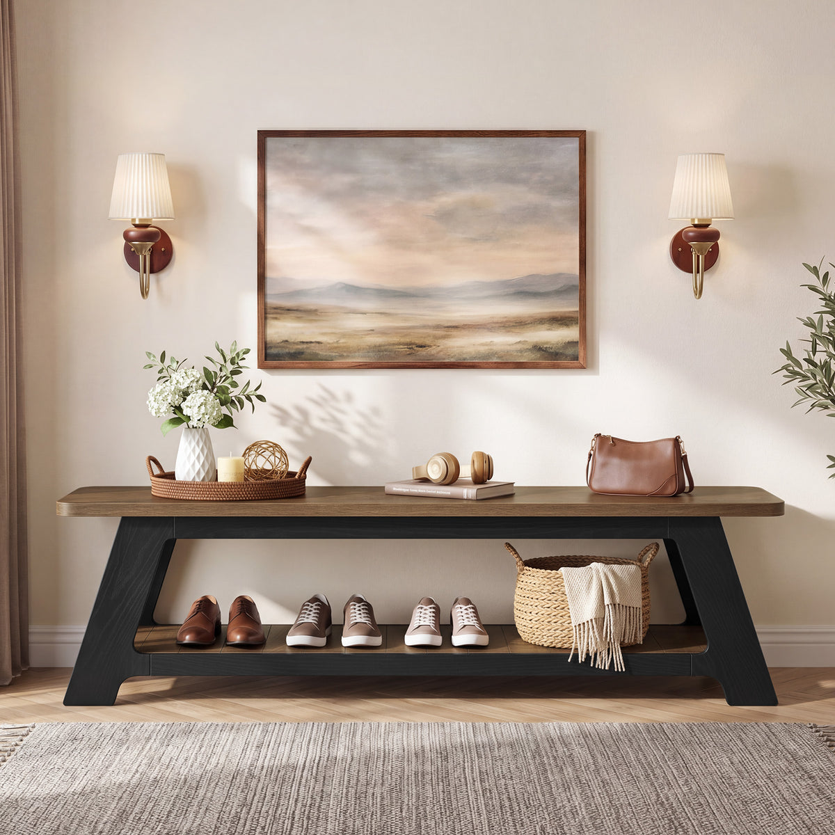 Panca Country in Legno con Ripiano Portascarpe, 160 cm, per Ingresso