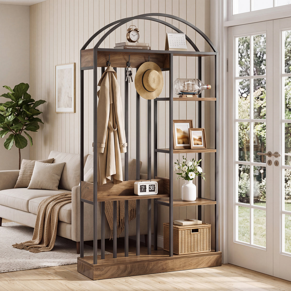 Scaffale Divisorio in Legno e Metallo con Ripiani e Ganci, H 180 cm, per Soggiorno
