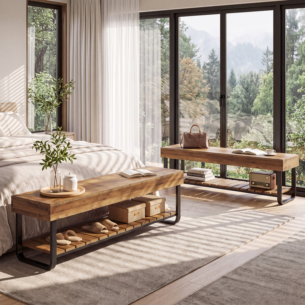 Panca Industriale con Ripiano Portascarpe a Doghe, 160 cm, per 2–3 Persone