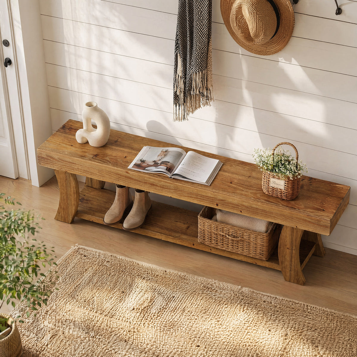 Panca Country in Abete Massello con Gambe Curve, 160 cm, per Ingresso