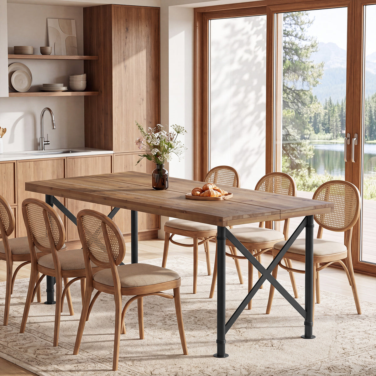 Tavolo da Pranzo Rustico in Legno Massello con Gambe in Metallo, 160 cm