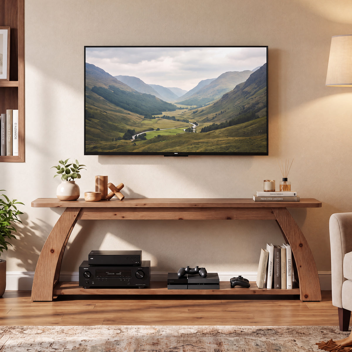Mobile TV Country in Legno Massello a 2 Ripiani, 160 cm, per TV fino a 75", per Soggiorno