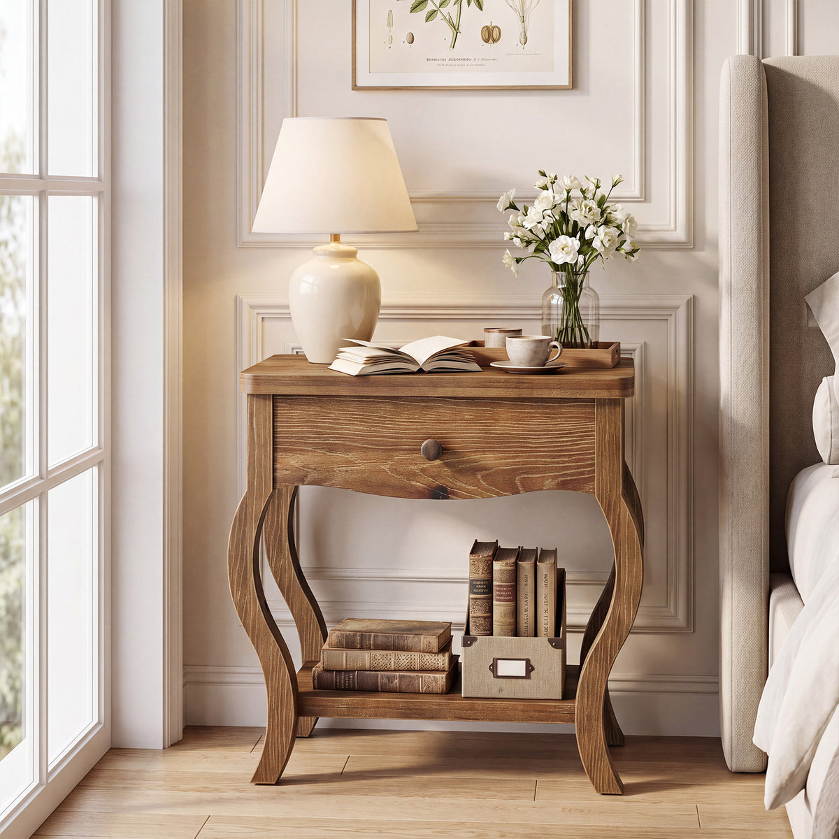 Comodino Rustico in Legno Massello con Cassetto e Ripiano, 60 cm