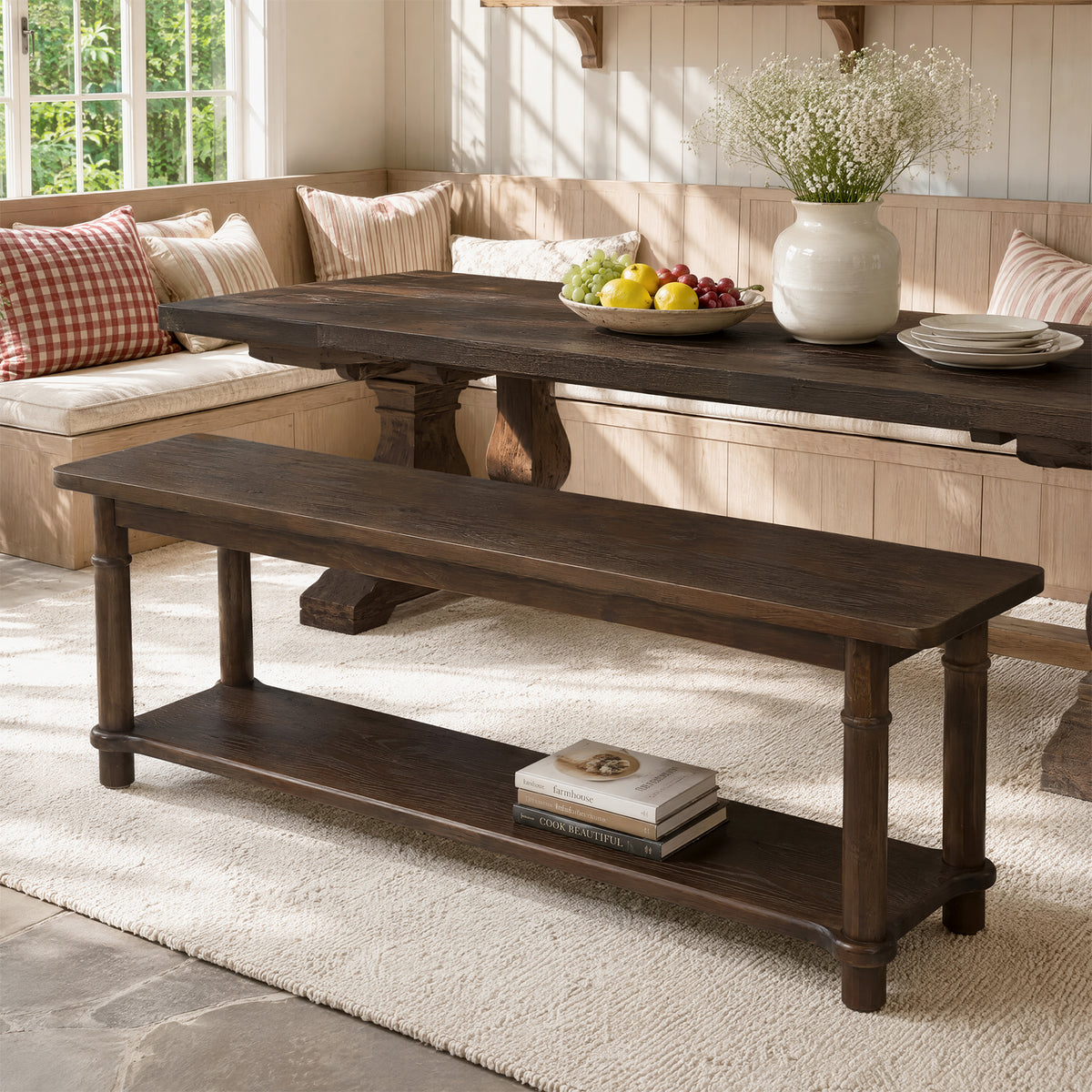 Panca Country in Legno Massello a 2 Ripiani Portascarpe, 140 cm, per Ingresso