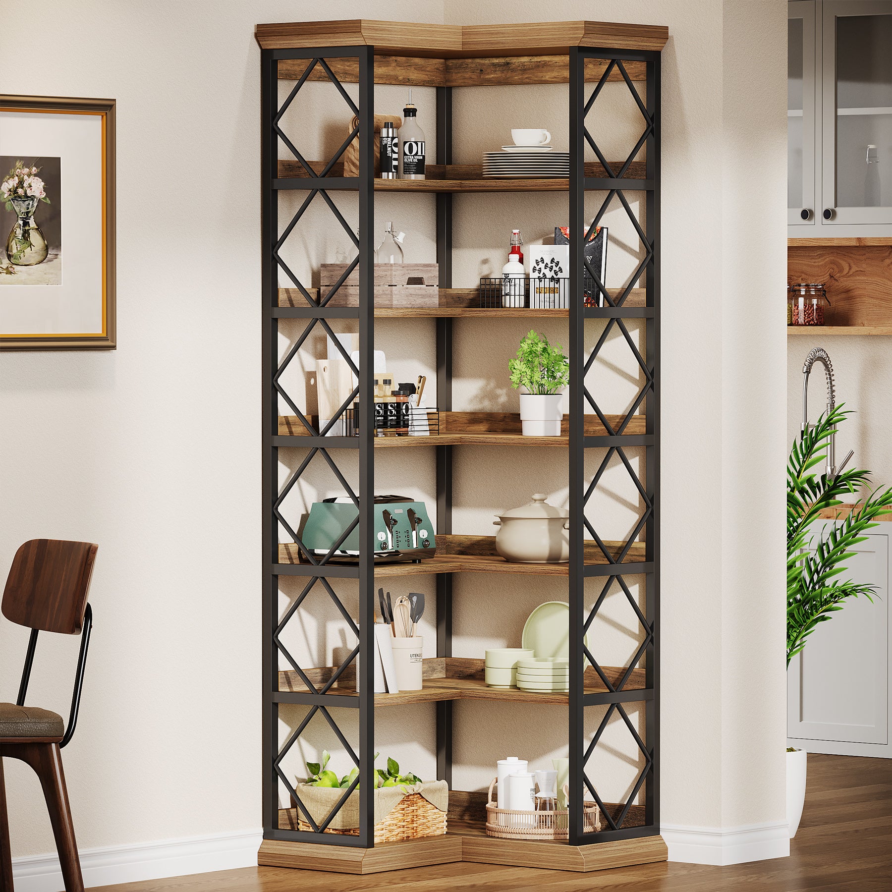 Tribesigns Libreria angolare alta 184 cm, grande libreria moderna con pannello posteriore